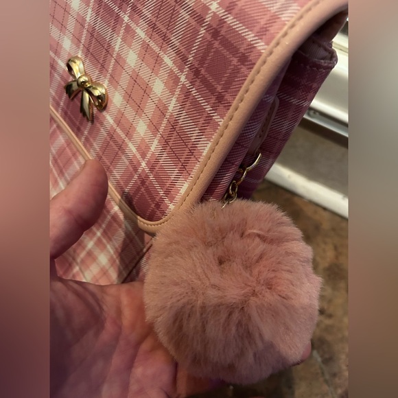 Pink white gold check plaid gingham Lolita backpack cottage bag - Picture 7 of 9